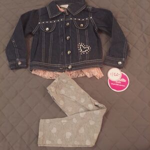 Denim Jacket with Heart And Bear Shirt And Leggings.